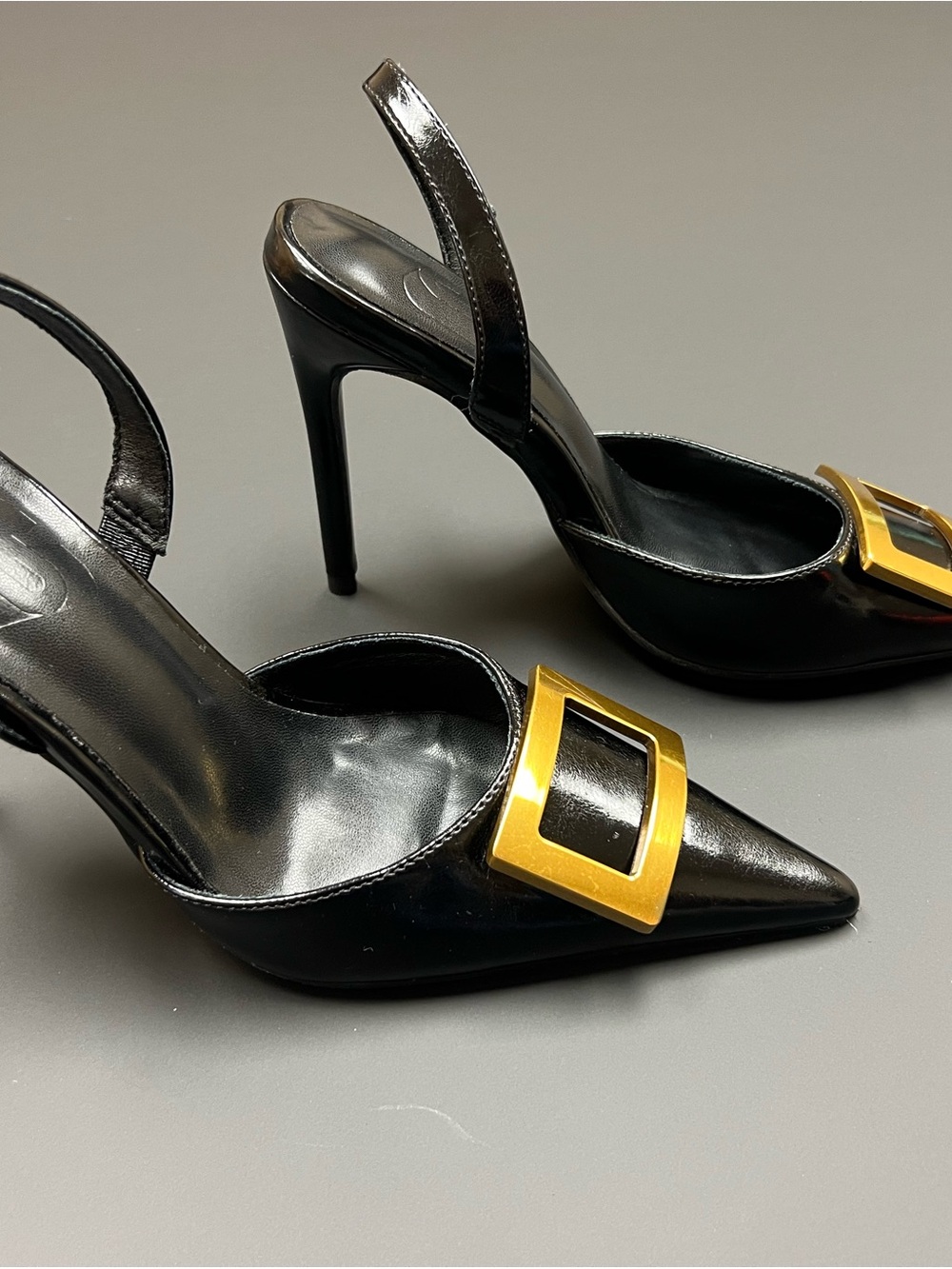 Unk Black Pointed-Toe Slingback Heels with Gold Buckle Accent